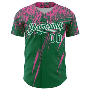 Custom Kelly Green Pink-White Distressed Scratch Brush Stroke Authentic Baseball Jersey