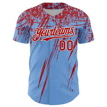 Custom Light Blue Red-White Distressed Scratch Brush Stroke Authentic Baseball Jersey
