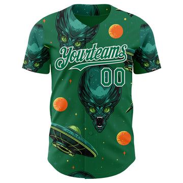 Custom Kelly Green White 3D Pattern Design Alien UFO Space Authentic Baseball Jersey