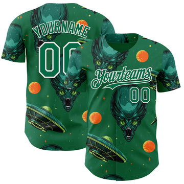 Custom Kelly Green White 3D Pattern Design Alien UFO Space Authentic Baseball Jersey