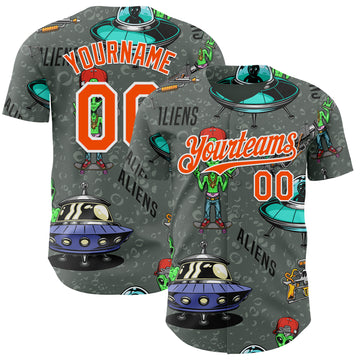 Custom Gray Orange-White 3D Pattern Design Alien UFO Space Authentic Baseball Jersey