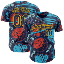 Charger l'image dans la galerie, Custom Navy Gold 3D Pattern Design Alien UFO Space Authentic Baseball Jersey

