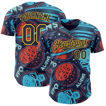 Custom Navy Gold 3D Pattern Design Alien UFO Space Authentic Baseball Jersey