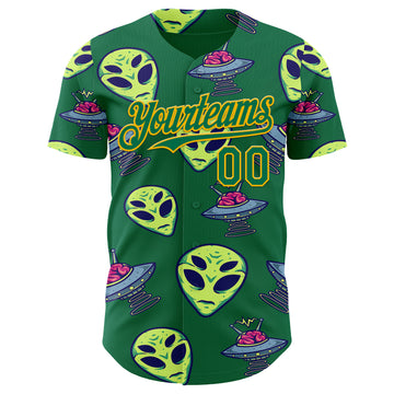 Custom Kelly Green Gold 3D Pattern Design Alien UFO Space Authentic Baseball Jersey