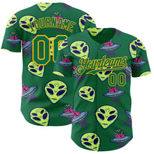 Laden Sie das Bild in den Galerie-Viewer, Custom Kelly Green Gold 3D Pattern Design Alien UFO Space Authentic Baseball Jersey
