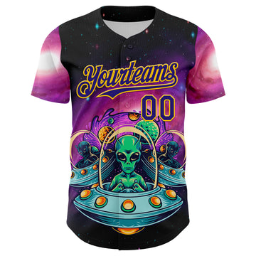 Custom Black Dark Purple-Yellow 3D Pattern Design Alien UFO Space Galaxy Authentic Baseball Jersey