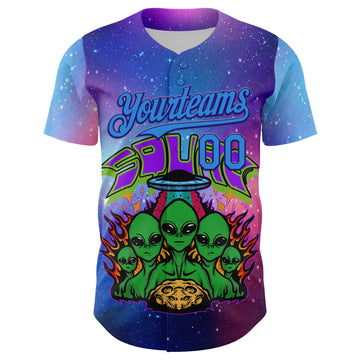 Custom Purple Electric Blue-Dark Purple 3D Pattern Design Alien Family UFO Space Galaxy Flame Authentic Baseball Jersey