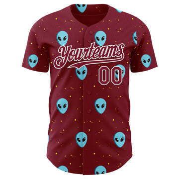 Custom Crimson White 3D Pattern Design Cartoon Alien Galaxy Authentic Baseball Jersey
