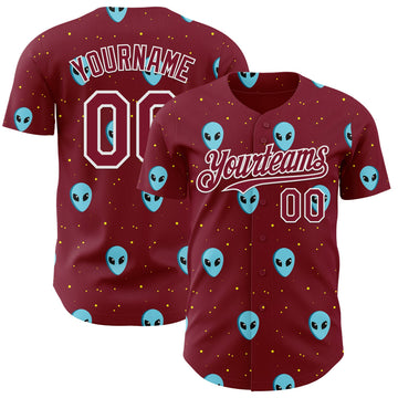 Custom Crimson White 3D Pattern Design Cartoon Alien Galaxy Authentic Baseball Jersey