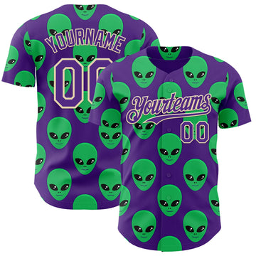 Custom Purple Green-Cream 3D Pattern Design Cartoon Alien Authentic Baseball Jersey