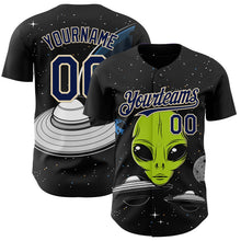 Laden Sie das Bild in den Galerie-Viewer, Custom Black Navy-Cream 3D Pattern Design Alien UFO Galaxy Authentic Baseball Jersey
