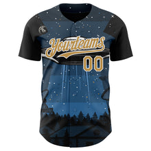 Laden Sie das Bild in den Galerie-Viewer, Custom Blue Old Gold Black-White 3D Pattern Design Alien UFO Galaxy Authentic Baseball Jersey
