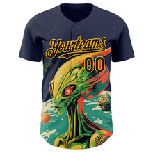 Load image into Gallery viewer, Custom Navy Brown-Gold 3D Pattern Design Alien UFO Psychedelic Galaxy Authentic Baseball Jersey
