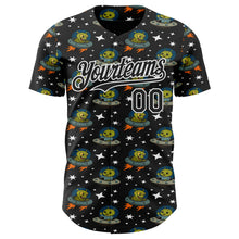 Load image into Gallery viewer, Custom Black White 3D Pattern Design Cartoon Alien UFO Space Galaxy Authentic Baseball Jersey
