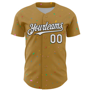 Custom Old Gold White-Black 3D Pattern Design Confetti Colorful Speckle Authentic Baseball Jersey