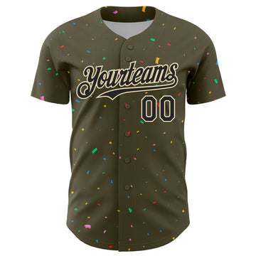 Custom Olive Black-Cream 3D Pattern Design Confetti Colorful Speckle Authentic Baseball Jersey