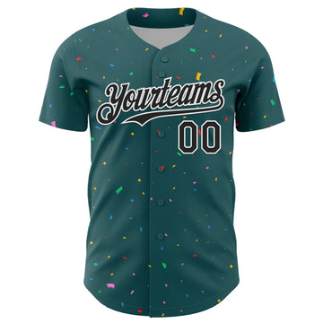 Custom Midnight Green Black-White 3D Pattern Design Confetti Colorful Speckle Authentic Baseball Jersey
