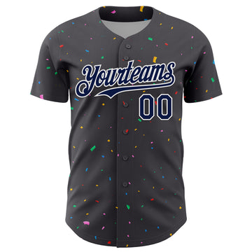 Custom Steel Gray Navy-White 3D Pattern Design Confetti Colorful Speckle Authentic Baseball Jersey