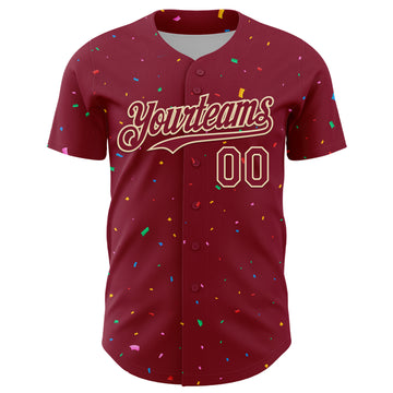 Custom Crimson Cream 3D Pattern Design Confetti Colorful Speckle Authentic Baseball Jersey
