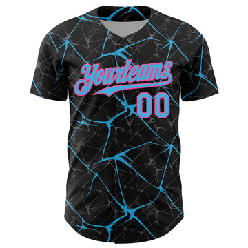Custom Black Sky Blue-Pink 3D Pattern Design Abstract Network Authentic Baseball Jersey