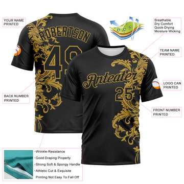 Custom Black-Old Gold 3D Pattern Baroque Rococo Floral Scrollwork Performance T-Shirt