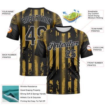 Custom Old Gold Black-Gray 3D Pattern Vintage Vertical Stripe Fantasy Performance T-Shirt