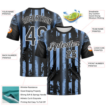 Custom Light Blue Black-White 3D Pattern Vintage Vertical Stripe Fantasy Performance T-Shirt