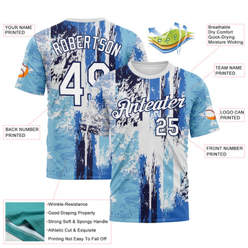 Custom Navy White Sky Blue-Light Blue 3D Pattern Concept Grunge Fantasy Performance T-Shirt