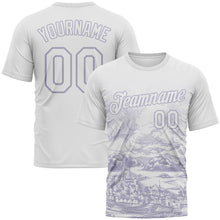 Laden Sie das Bild in den Galerie-Viewer, Custom White-Light Purple 3D Pattern Vintage Line Art Cityscape Performance T-Shirt
