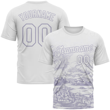 Custom White-Light Purple 3D Pattern Vintage Line Art Cityscape Performance T-Shirt
