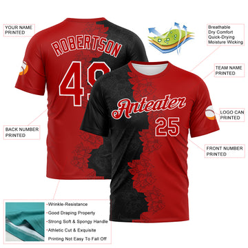 Custom Black Red-White 3D Pattern Flower Sketch Split Fashion Performance T-Shirt