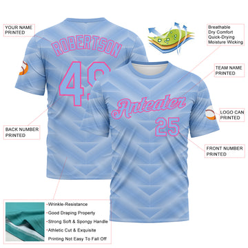 Custom Light Blue-Pink 3D Pattern Geometric Chevron Texture Performance T-Shirt