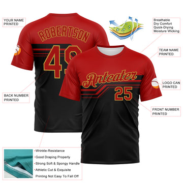Custom Red Black-Old Gold 3D Pattern Varsity Style Retro Stripe Performance T-Shirt