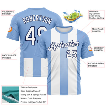 Custom Light Blue White-Navy 3D Pattern Vertical Stripe Vintage Style Performance T-Shirt