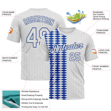 Custom White Thunder Blue-Gray 3D Pattern Classic Argyle Diamond Performance T-Shirt