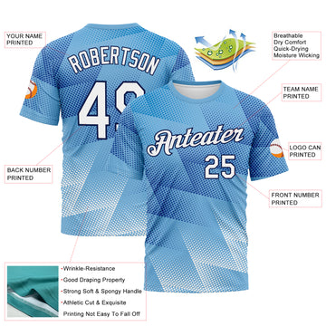 Custom Light Blue White-Navy 3D Pattern Geometric Abstract Triangle Gradient Performance T-Shirt