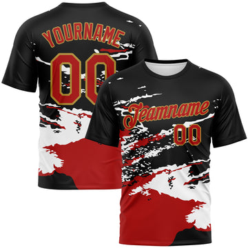 Custom Black Red White-Old Gold 3D Pattern Splash Performance T-Shirt
