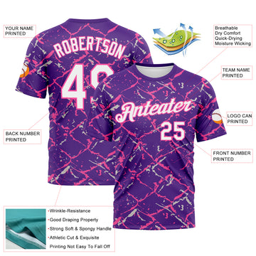 Custom Purple White-Pink 3D Pattern Chain Link Cracked Performance T-Shirt