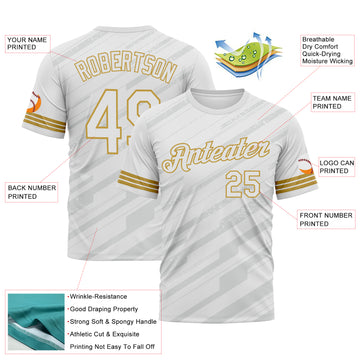 Custom White Gray-Old Gold 3D Pattern Diagonal Stripe Speed Line Performance T-Shirt