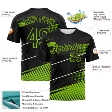 Custom Black Neon Green-White 3D Pattern Diagonal Stripe Halftone Performance T-Shirt