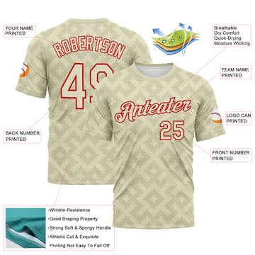 Custom City Cream-Red 3D Pattern Geometric Diamond Subtle Grid Performance T-Shirt