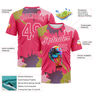 Custom Neon Pink-White 3D Pattern Paint Splash Basketball Graffiti Style Performance T-Shirt