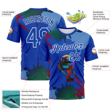 Custom Thunder Blue-White 3D Pattern Paint Splash Basketball Graffiti Style Performance T-Shirt