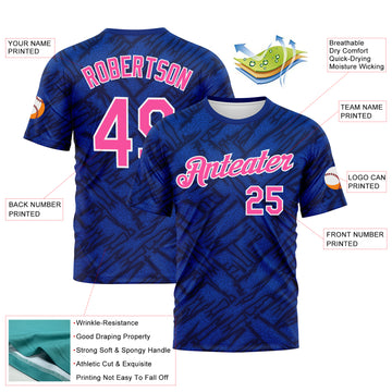 Custom Royal Pink Navy Thunder Blue-White 3D Pattern Tribal Ethnic Design Performance T-Shirt