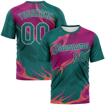 Custom Teal Deep Pink-Gray 3D Pattern Flame Abstract Style Performance T-Shirt