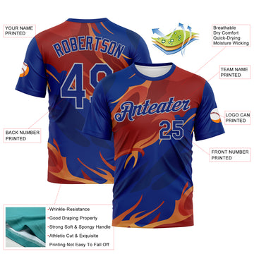Custom Royal Texas Orange-Gray 3D Pattern Flame Abstract Style Performance T-Shirt