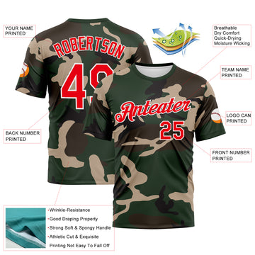 Custom Green Fire Red Olive-White 3D Pattern Camouflage Performance T-Shirt