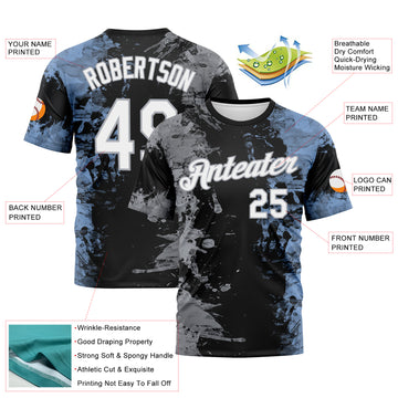 Custom Gray White Black-Light Blue 3D Pattern Ink Splash Duotono Style Performance T-Shirt