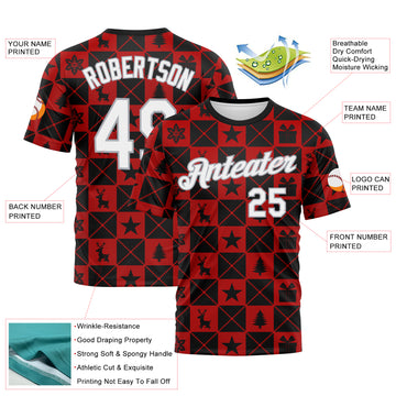 Custom Black White Red-Gray 3D Pattern Christmas Buffalo Check Performance T-Shirt