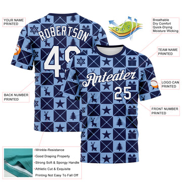 Custom Navy White-Light Blue 3D Pattern Christmas Buffalo Check Performance T-Shirt